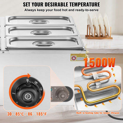 HT-6V - 6-Pan Stainless Steel Food Warmer with Dry-Burn Protection