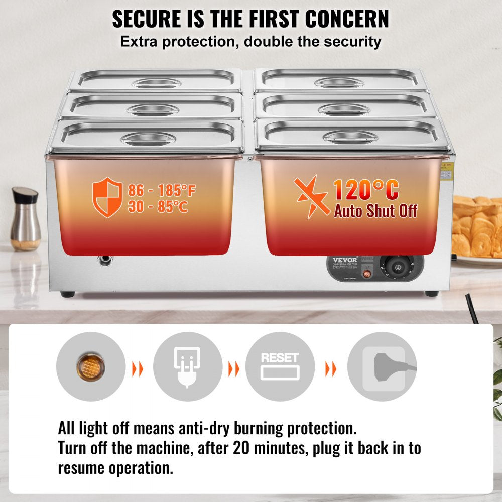 HT-6V - 6-Pan Stainless Steel Food Warmer with Dry-Burn Protection