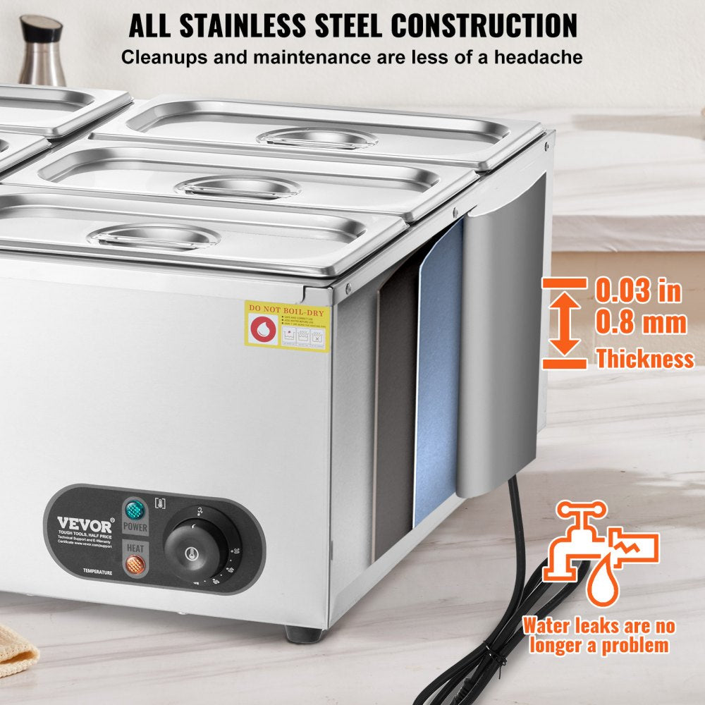 HT-6V - 6-Pan Stainless Steel Food Warmer with Dry-Burn Protection