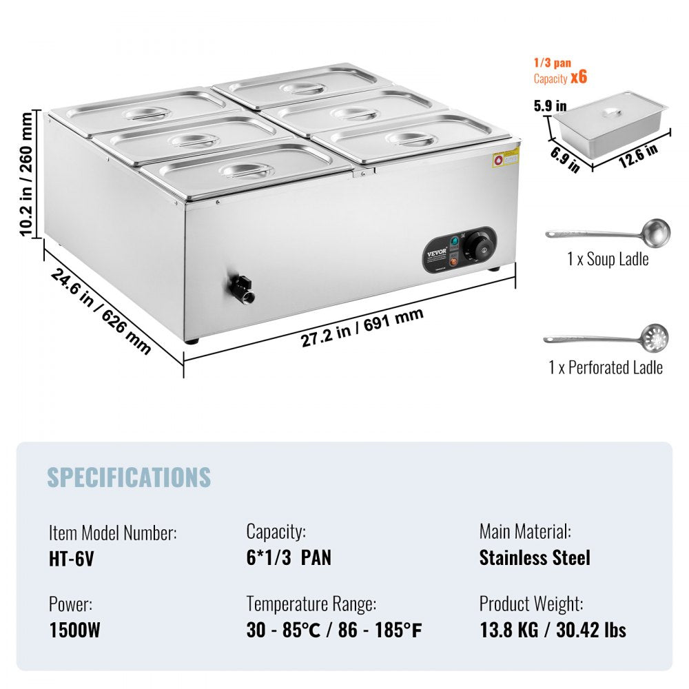 HT-6V - 6-Pan Stainless Steel Food Warmer with Dry-Burn Protection