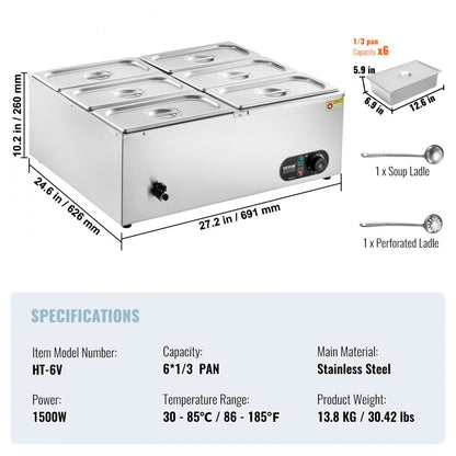 HT-6V - 6-Pan Stainless Steel Food Warmer with Dry-Burn Protection