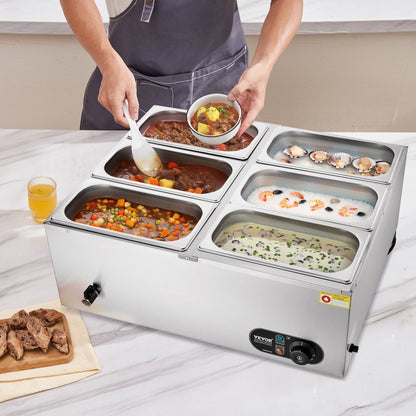 HT-6V - 6-Pan Stainless Steel Food Warmer with Dry-Burn Protection