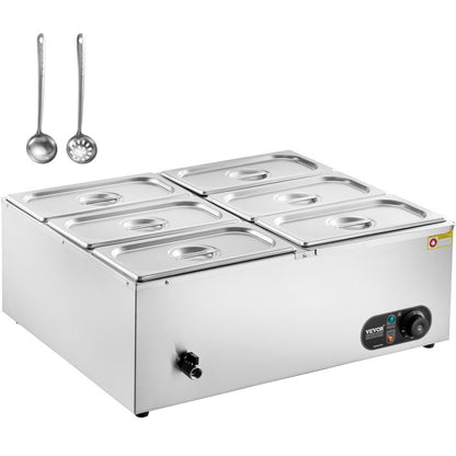 HT-6V - 6-Pan Stainless Steel Food Warmer with Dry-Burn Protection