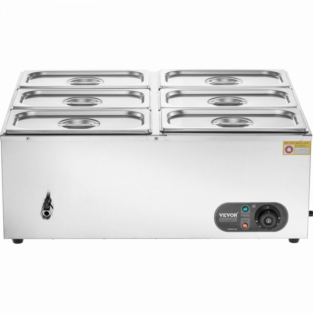 HT-6V - 6-Pan Stainless Steel Food Warmer with Dry-Burn Protection