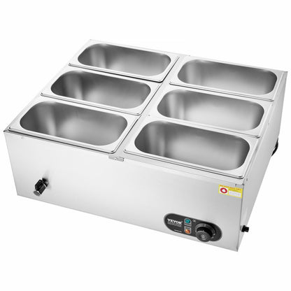 HT-6V - 6-Pan Stainless Steel Food Warmer with Dry-Burn Protection