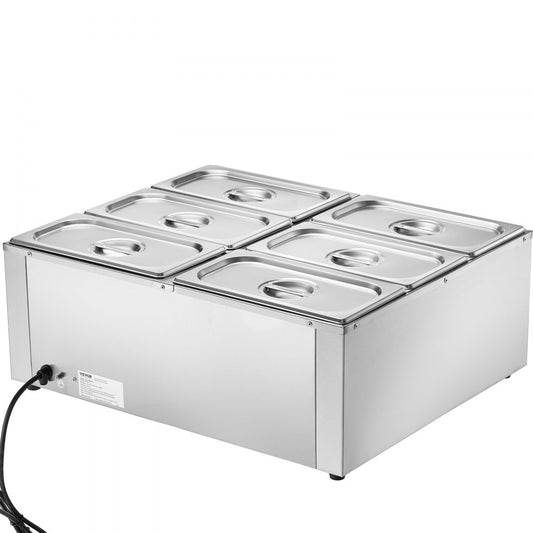 HT-6V - 6-Pan Stainless Steel Food Warmer with Dry-Burn Protection