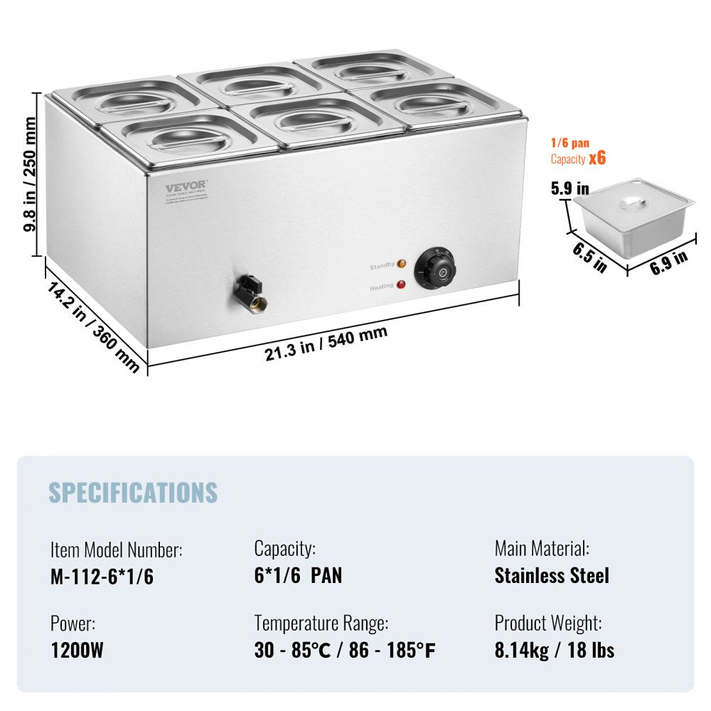 M-112 - 6-Pan Stainless Steel Food Warmer for Commercial Use