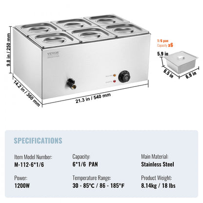 M-112 - 6-Pan Stainless Steel Food Warmer for Commercial Use