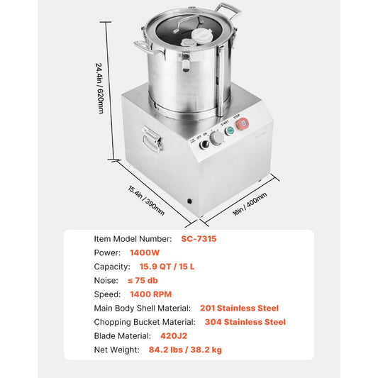 SC-7315 - 15.9QT Stainless Steel Food Processor with Powerful 1400W Motor