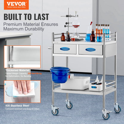 K-ST529 - 2-Tier Stainless Steel Lab Cart, 23.39 x 15.28 in, 220 lbs Capacity
