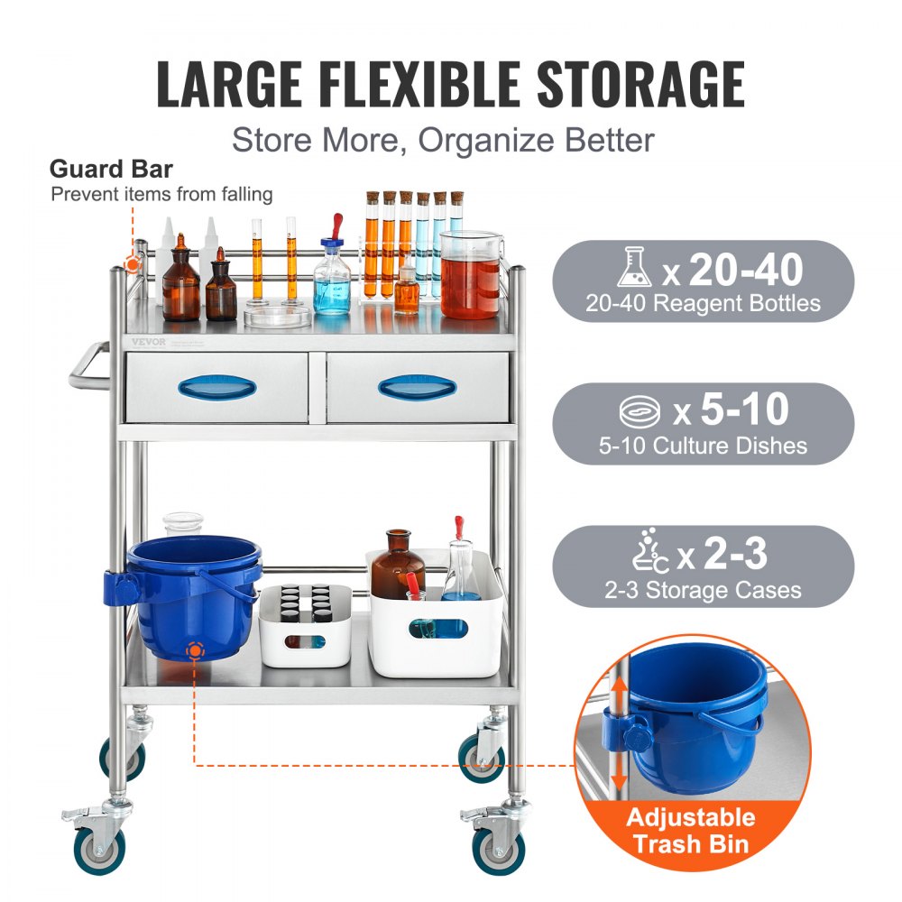 K-ST529 - 2-Tier Stainless Steel Lab Cart, 23.39 x 15.28 in, 220 lbs Capacity