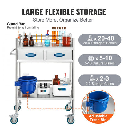 K-ST529 - 2-Tier Stainless Steel Lab Cart, 23.39 x 15.28 in, 220 lbs Capacity