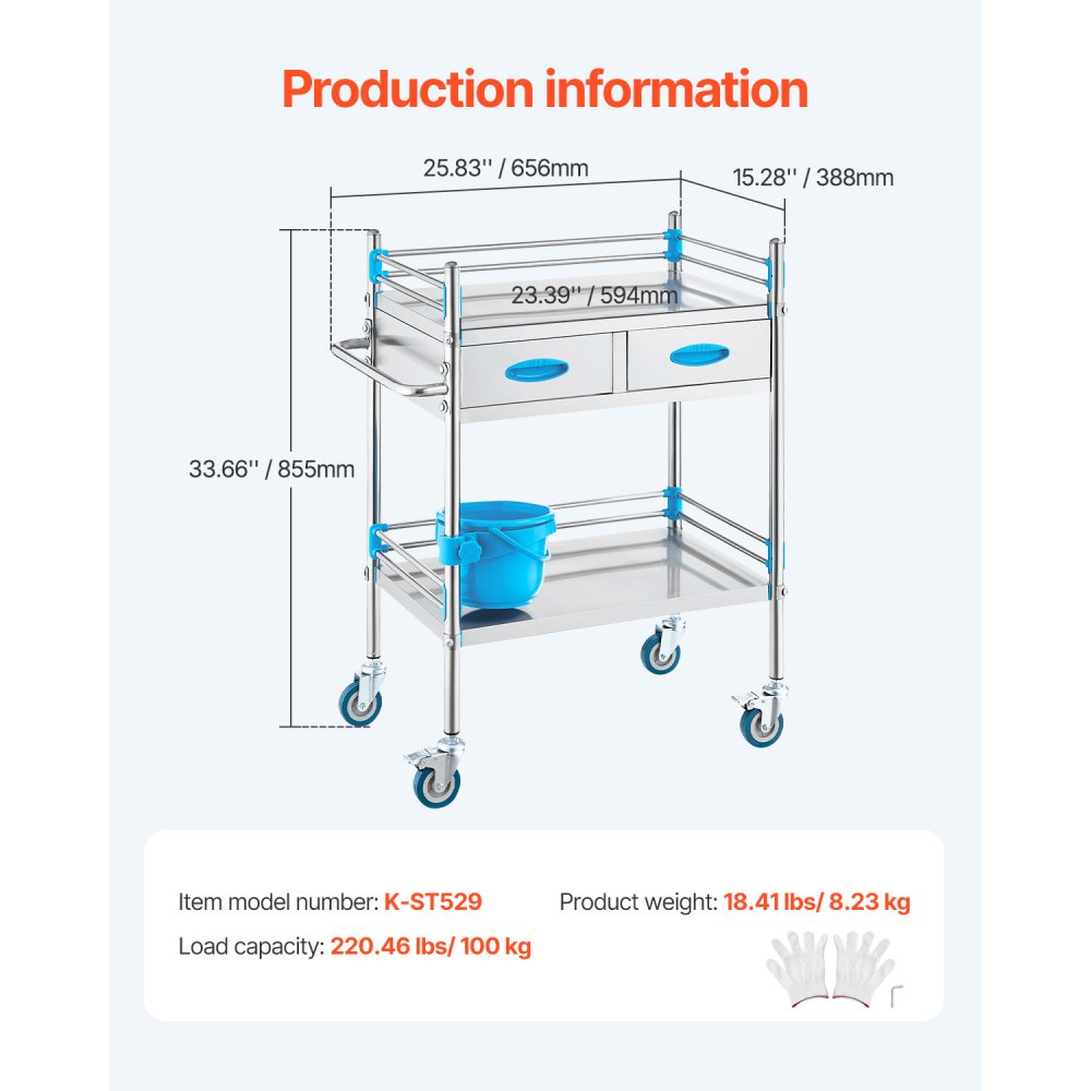 K-ST529 - 2-Tier Stainless Steel Lab Cart, 23.39 x 15.28 in, 220 lbs Capacity