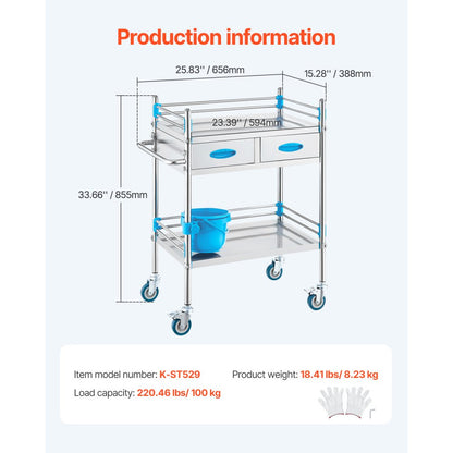 K-ST529 - 2-Tier Stainless Steel Lab Cart, 23.39 x 15.28 in, 220 lbs Capacity