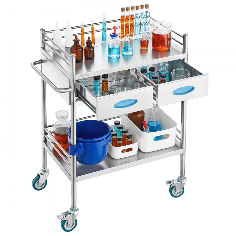 K-ST529 - 2-Tier Stainless Steel Lab Cart, 23.39 x 15.28 in, 220 lbs Capacity