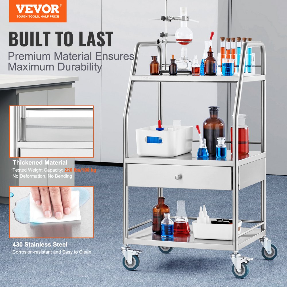 K-SUS1002 - Stainless Steel 3-Tier Utility Cart, 21.26"x18.11"x38.98", 220 lbs Capacity