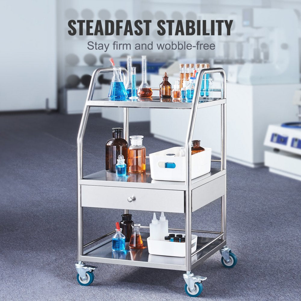 K-SUS1002 - Stainless Steel 3-Tier Utility Cart, 21.26"x18.11"x38.98", 220 lbs Capacity