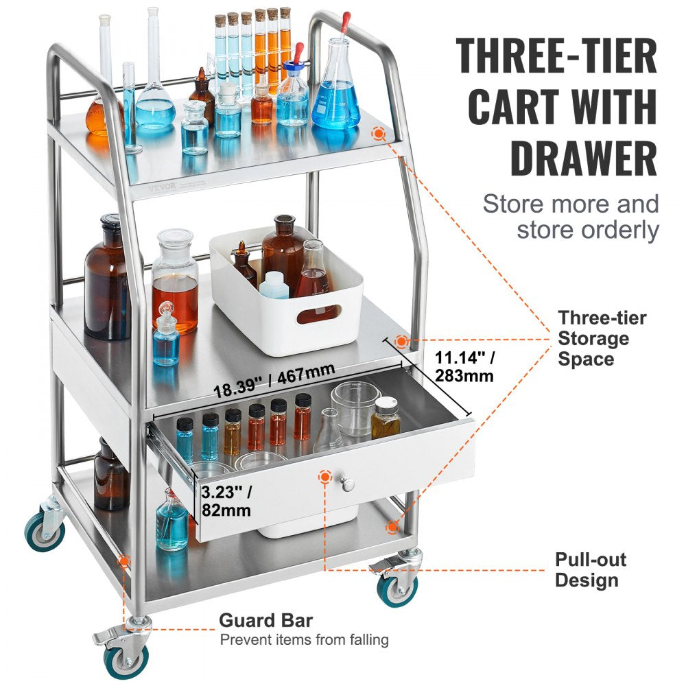 K-SUS1002 - Stainless Steel 3-Tier Utility Cart, 21.26"x18.11"x38.98", 220 lbs Capacity