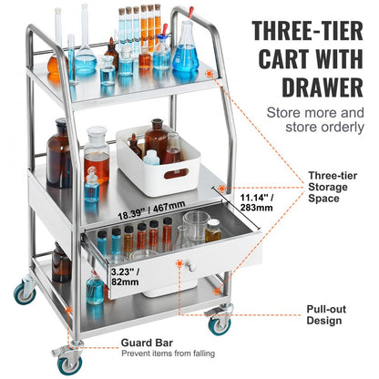 K-SUS1002 - Stainless Steel 3-Tier Utility Cart, 21.26"x18.11"x38.98", 220 lbs Capacity