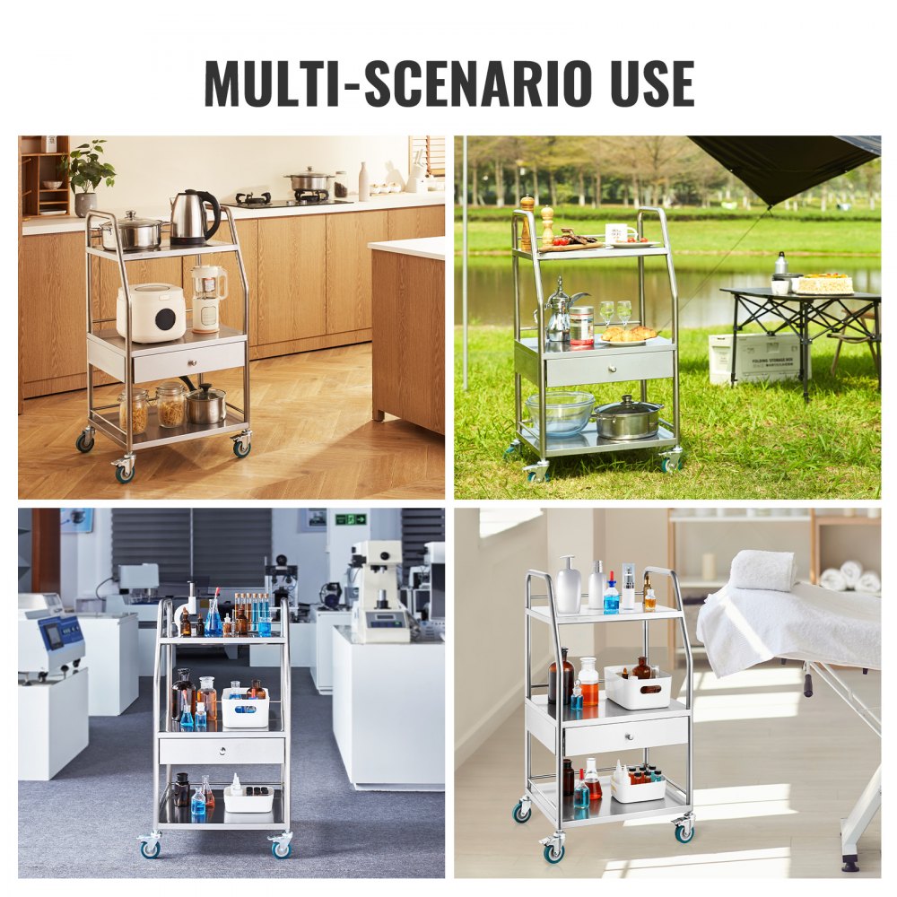 K-SUS1002 - Stainless Steel 3-Tier Utility Cart, 21.26"x18.11"x38.98", 220 lbs Capacity