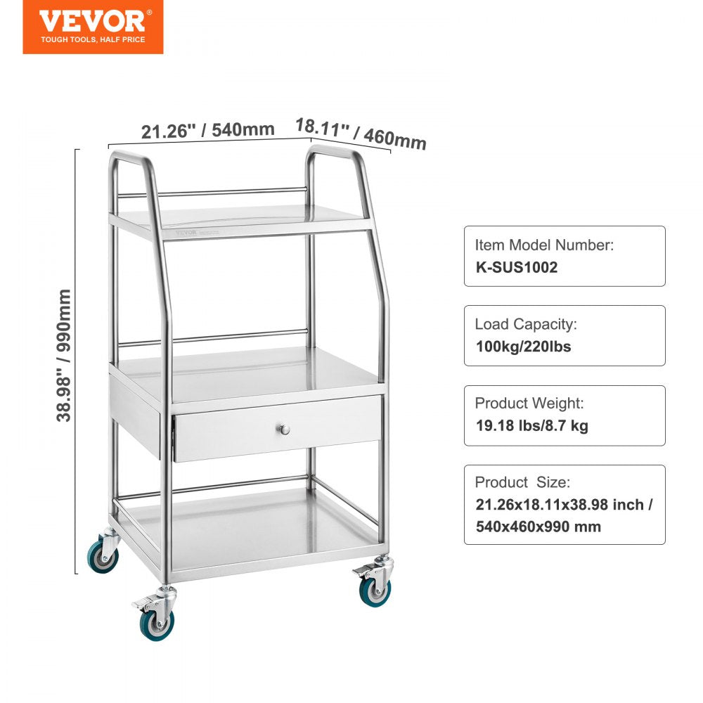 K-SUS1002 - Stainless Steel 3-Tier Utility Cart, 21.26"x18.11"x38.98", 220 lbs Capacity