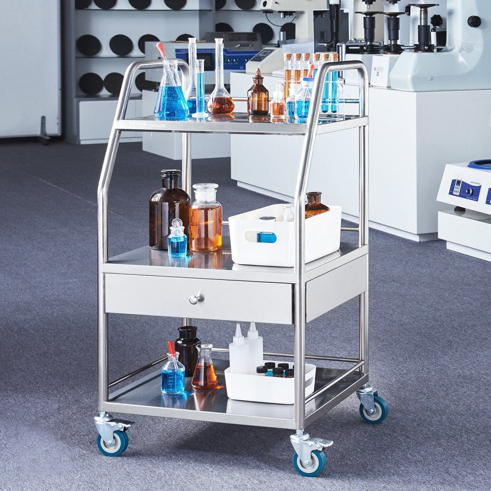 K-SUS1002 - Stainless Steel 3-Tier Utility Cart, 21.26"x18.11"x38.98", 220 lbs Capacity
