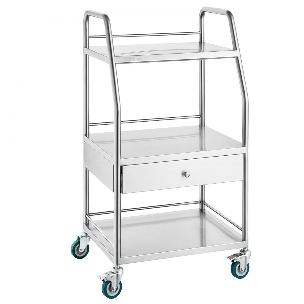 K-SUS1002 - Stainless Steel 3-Tier Utility Cart, 21.26"x18.11"x38.98", 220 lbs Capacity