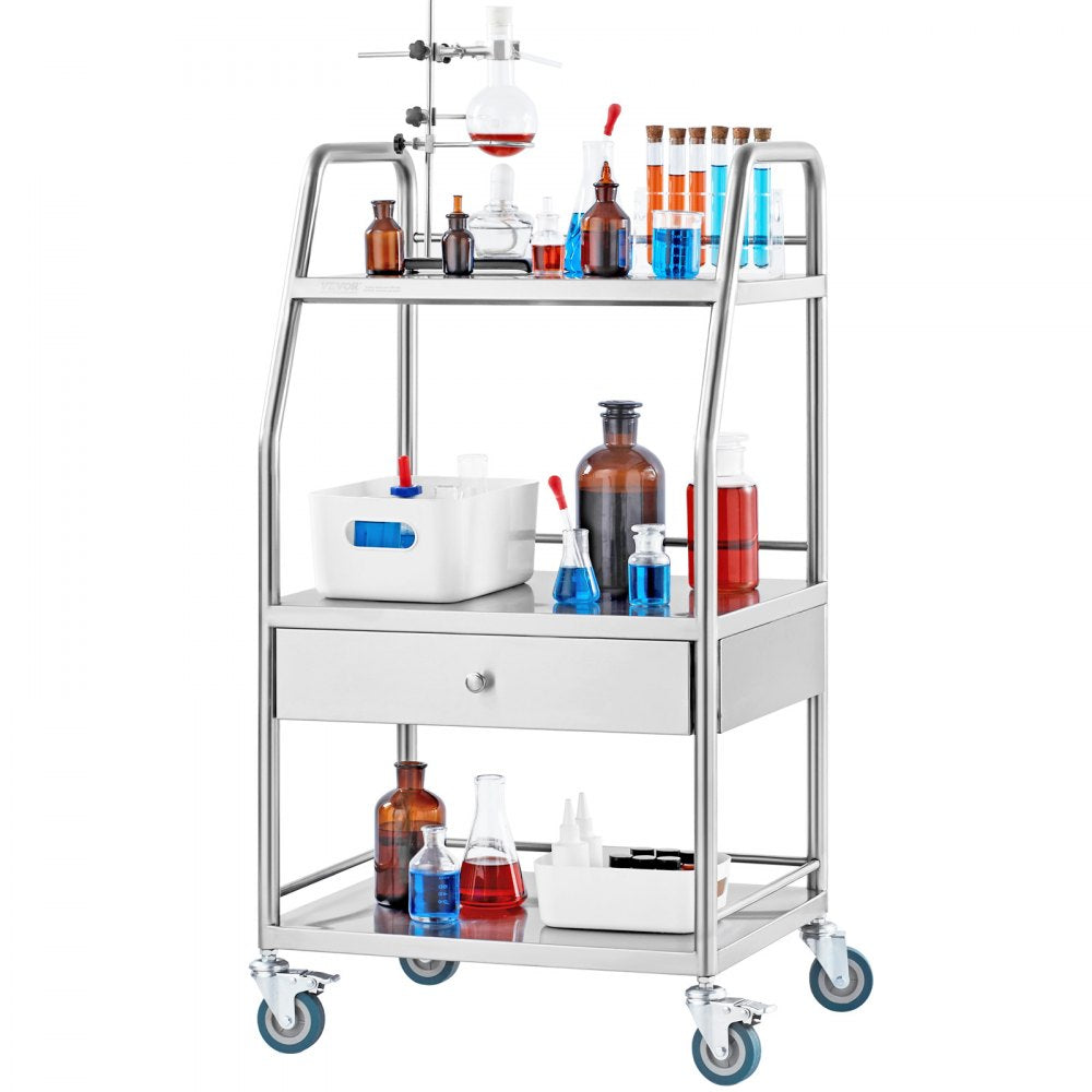 K-SUS1002 - Stainless Steel 3-Tier Utility Cart, 21.26"x18.11"x38.98", 220 lbs Capacity