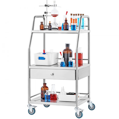 K-SUS1002 - Stainless Steel 3-Tier Utility Cart, 21.26"x18.11"x38.98", 220 lbs Capacity