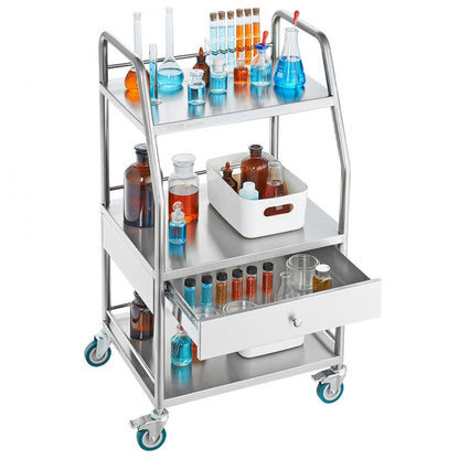 K-SUS1002 - Stainless Steel 3-Tier Utility Cart, 21.26"x18.11"x38.98", 220 lbs Capacity