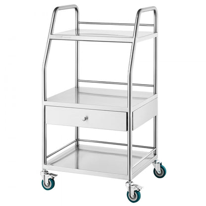 K-SUS1002 - Stainless Steel 3-Tier Utility Cart, 21.26"x18.11"x38.98", 220 lbs Capacity