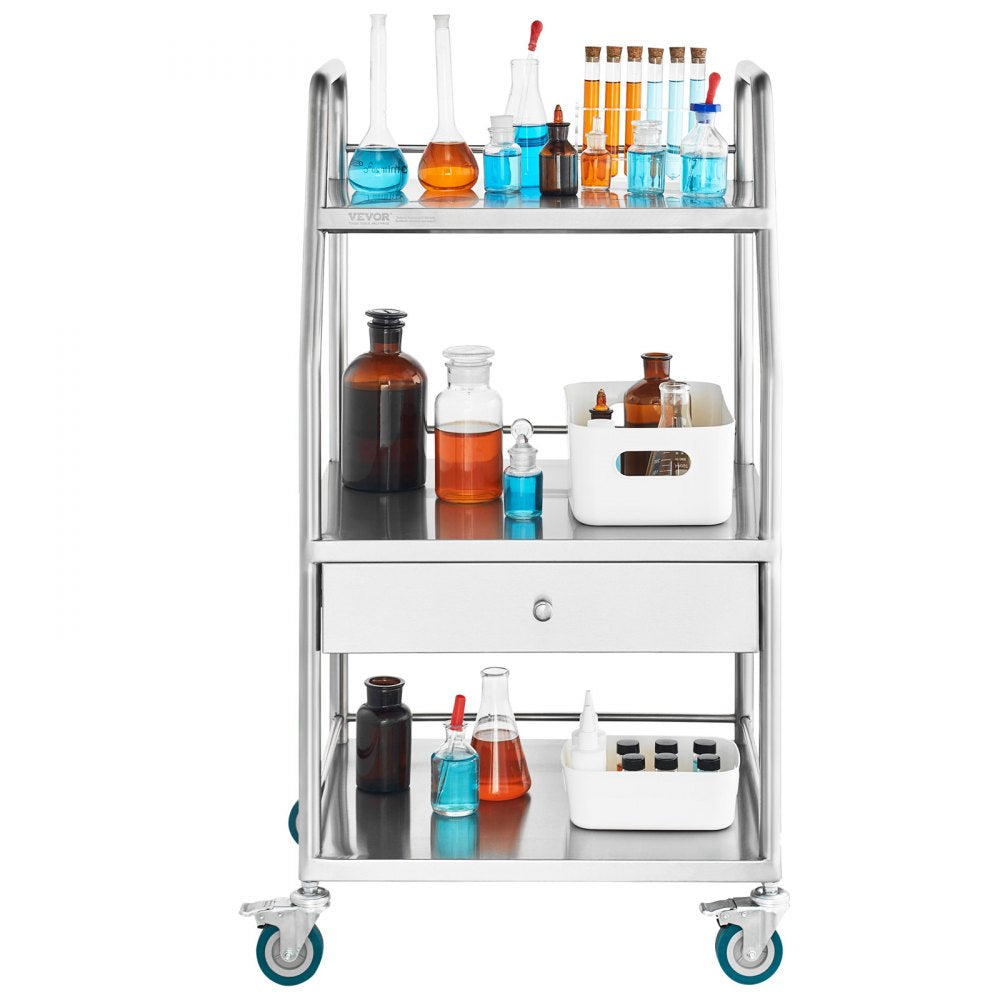 K-SUS1002 - Stainless Steel 3-Tier Utility Cart, 21.26"x18.11"x38.98", 220 lbs Capacity