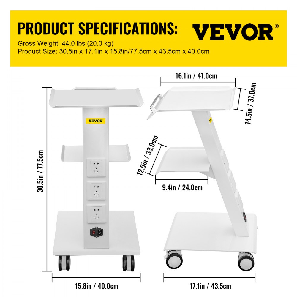 T3 - High-Strength Metal Lab Cart with Adjustable Shelves and Wheels