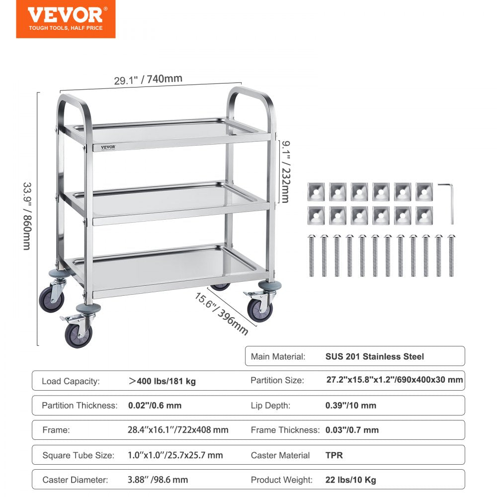 100203 - Durable VEVOR Stainless Steel Cart, 29.1” x 15.6”, 3 Layers