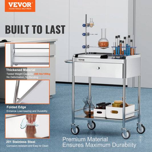 141002 - Durable 2-Layer Stainless Steel Medical Cart, 28x16.6x30.9 in