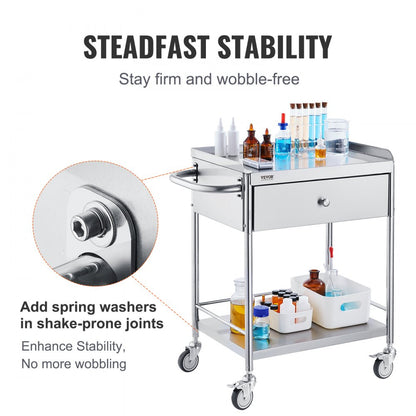 141002 - Durable 2-Layer Stainless Steel Medical Cart, 28x16.6x30.9 in