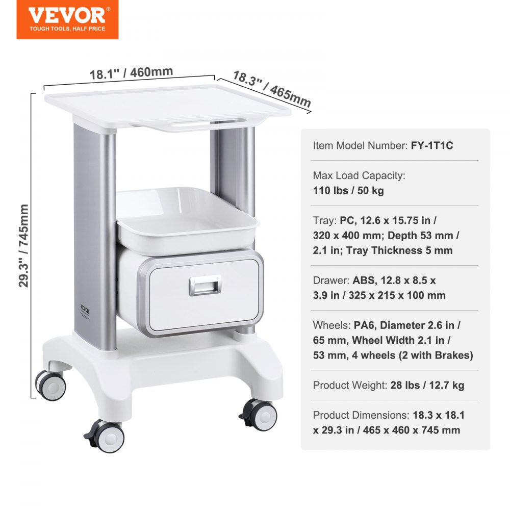 Y-1T1C - 2-Tier Lab Cart, 18.3"x18"x29.75", Heavy-Duty ABS Construction