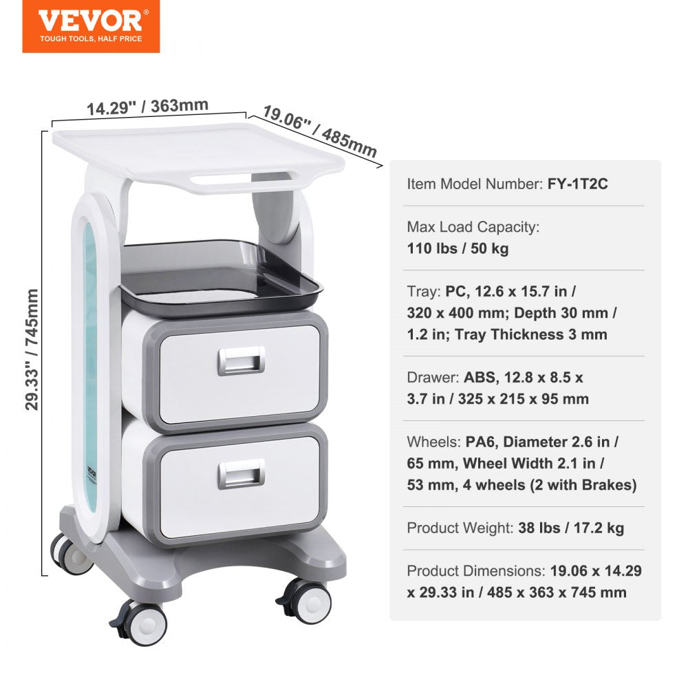 FY-1T2C - VEVOR 3-Tier Medical Cart with Drawers & Top Tray, 12.6" x 15.7"