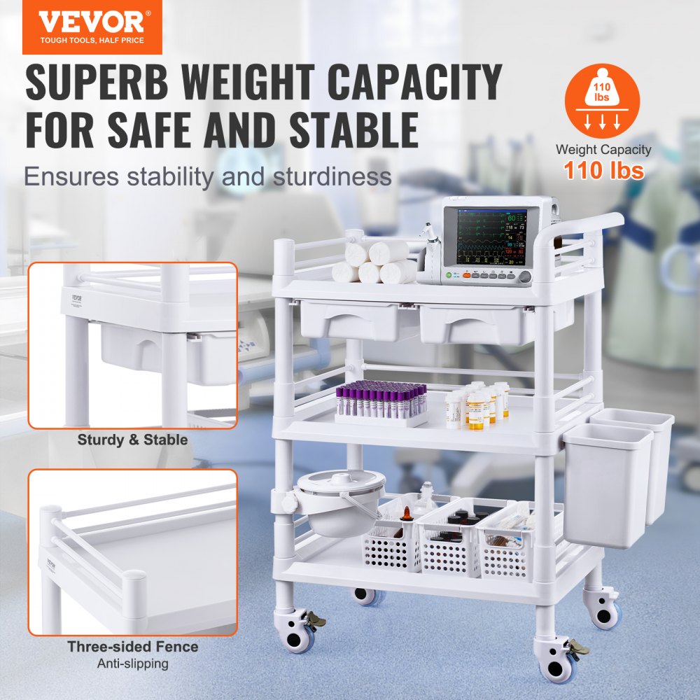 K-UT104A1 - 3-Tier Mobile Lab Cart, 27.6" Wide, Durable ABS & Steel