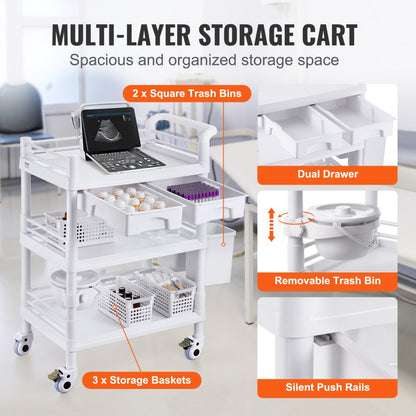 K-UT104A1 - 3-Tier Mobile Lab Cart, 27.6" Wide, Durable ABS & Steel