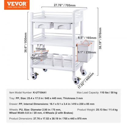 K-UT104A1 - 3-Tier Mobile Lab Cart, 27.6" Wide, Durable ABS & Steel