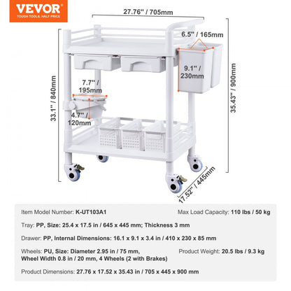 K-UT103A1 - VEVOR 2-Tier Lab Cart with 110lb Capacity & Silent Wheels