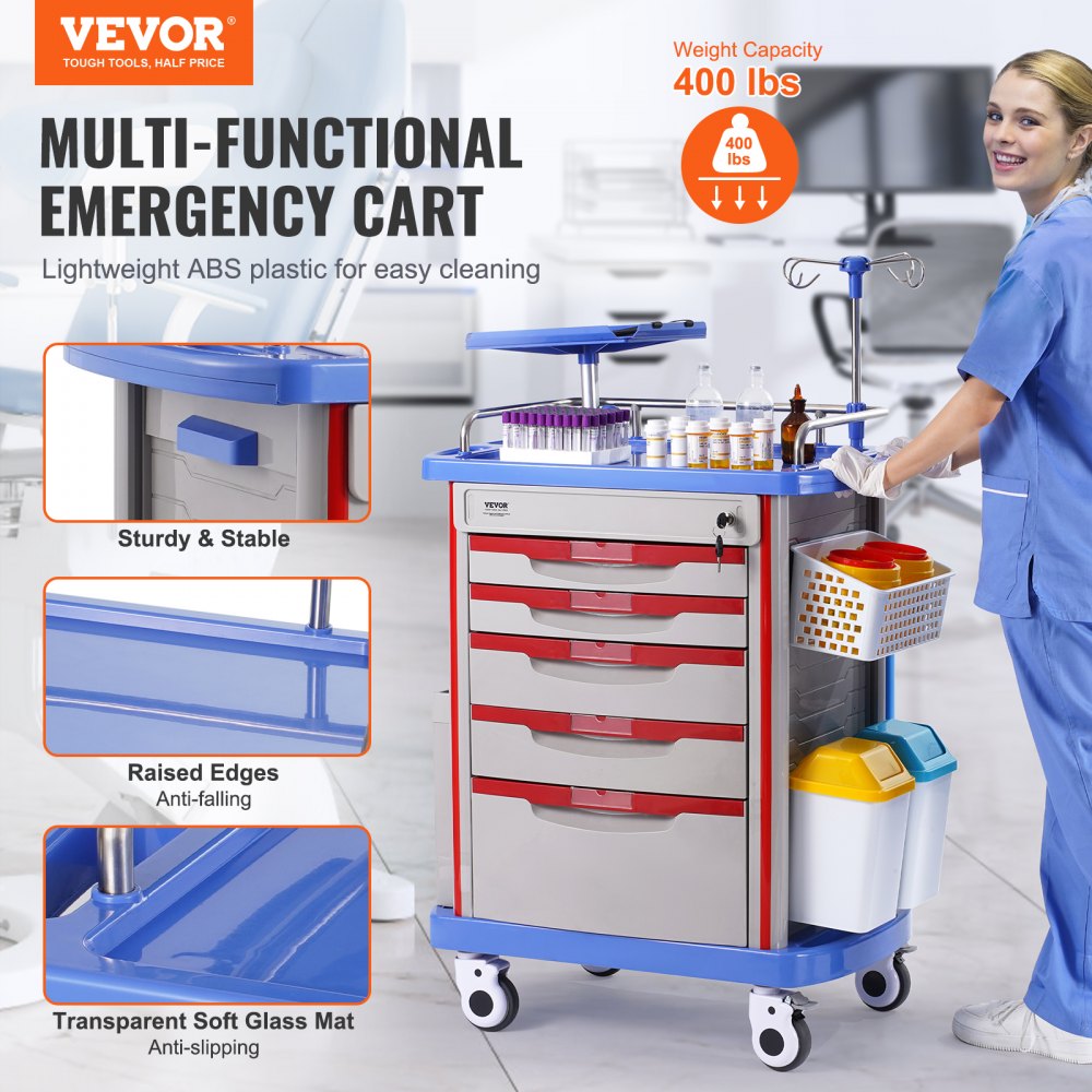 K-ET750A - VEVOR 5-Tier Medical Cart, 400 lbs Capacity, Noise-Reducing Rails
