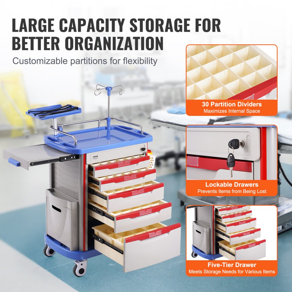 K-ET750A - VEVOR 5-Tier Medical Cart, 400 lbs Capacity, Noise-Reducing Rails