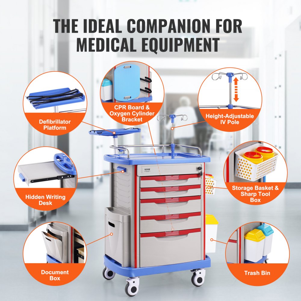 K-ET750A - VEVOR 5-Tier Medical Cart, 400 lbs Capacity, Noise-Reducing Rails