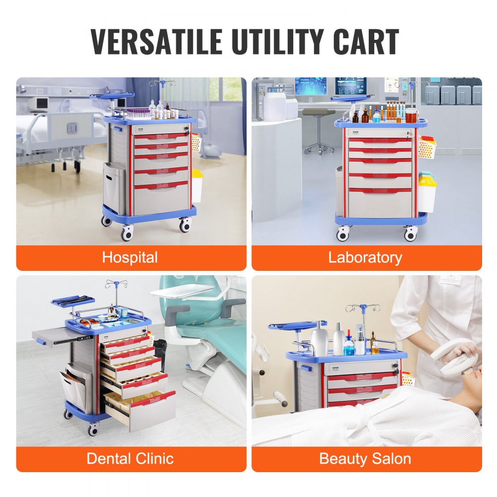 K-ET750A - VEVOR 5-Tier Medical Cart, 400 lbs Capacity, Noise-Reducing Rails
