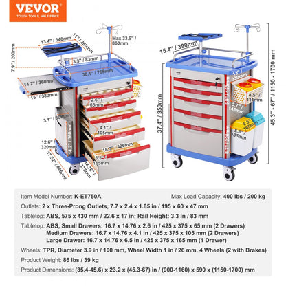 K-ET750A - VEVOR 5-Tier Medical Cart, 400 lbs Capacity, Noise-Reducing Rails