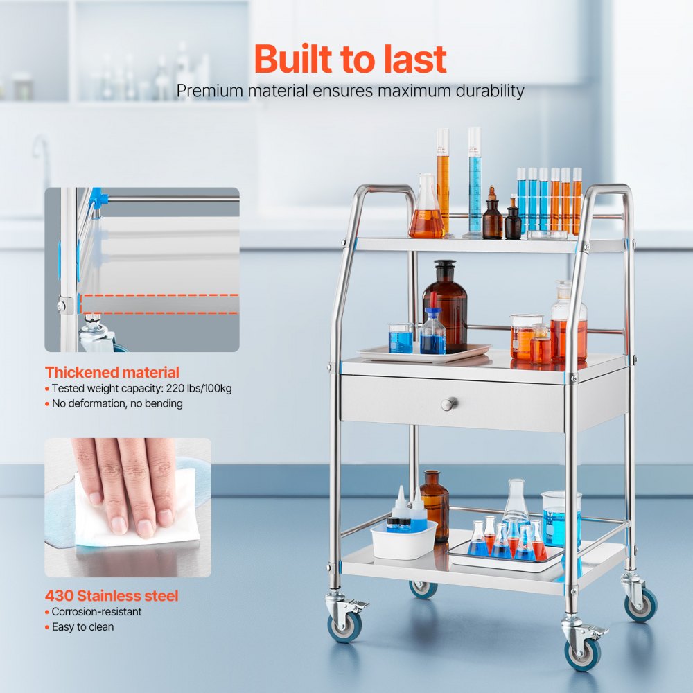 K-SUS1002 - 3-Tier Stainless Steel Utility Cart with Lockable Wheels