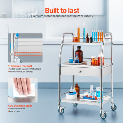 K-SUS1002 - 3-Tier Stainless Steel Utility Cart with Lockable Wheels