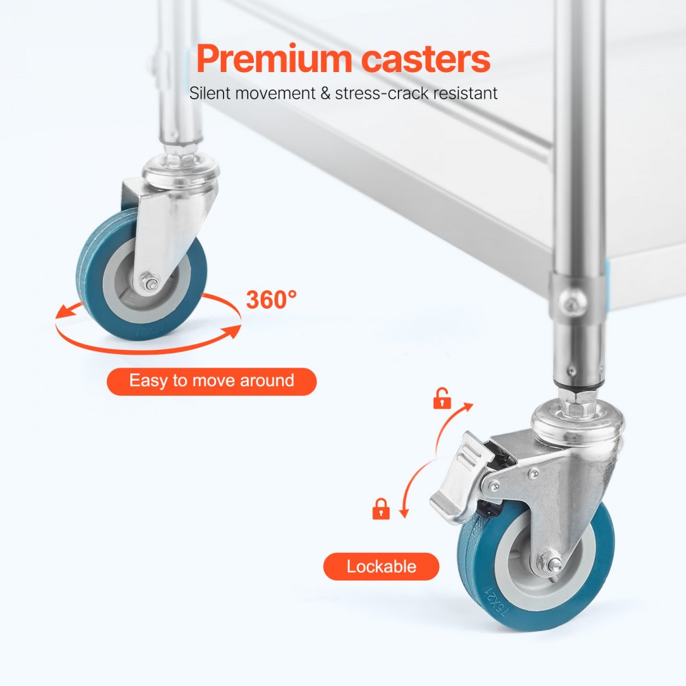 K-SUS1002 - 3-Tier Stainless Steel Utility Cart with Lockable Wheels